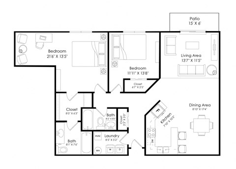 Floor plan for 2 beds, 2 baths, 1192 sqft