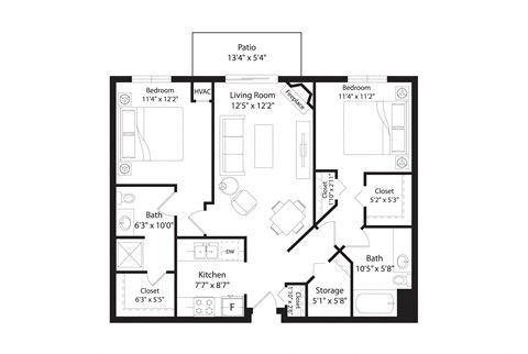 Floor plan for 2 beds, 2 baths, 1056 sqft