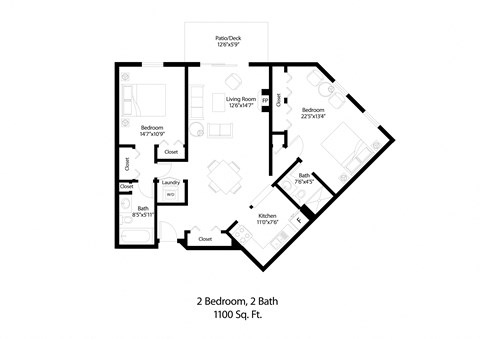 Floor plan for 2 beds, 2 baths, 1100 sqft
