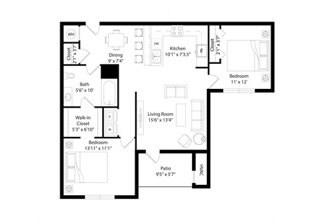 Floor plan for 2 beds, 1 bath, 1023 sqft