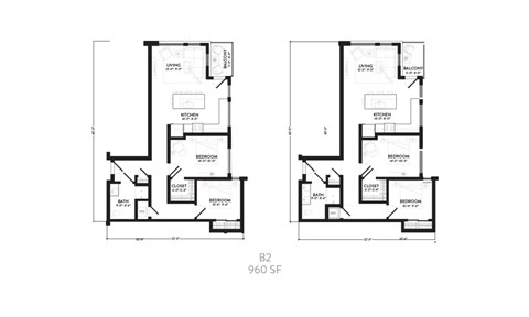 Floor plan for 2 beds, 1 bath, 960 sqft