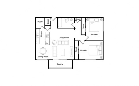 Floor plan for 2 beds, 1 bath, 962 sqft