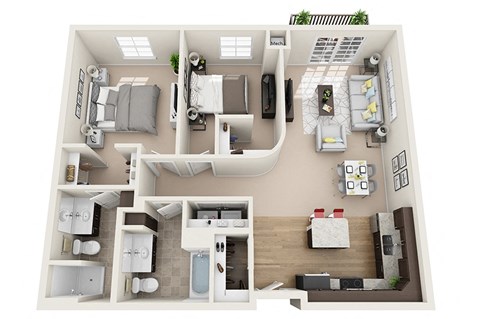 Floor plan for 2 beds, 2 baths, 1056 sqft