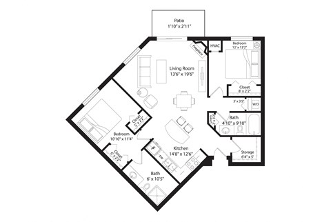 Floor plan for 2 beds, 2 baths, 1101 sqft