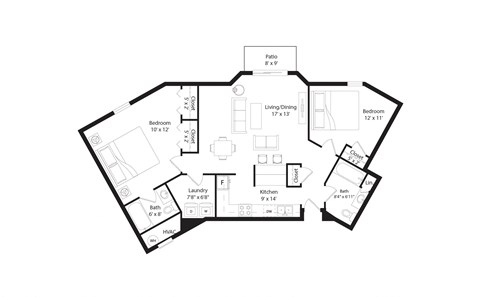 Floor plan for 2 beds, 2 baths, 1126 sqft