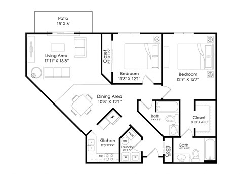 Floor plan for 2 beds, 2 baths, 1258 sqft