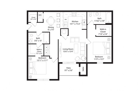 Floor plan for 2 beds, 2 baths, 1084 sqft