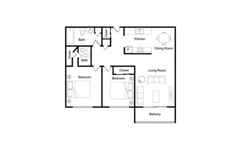 Floor plan for 2 beds, 1.5 baths, 962 sqft