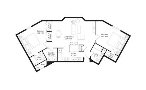 Floor plan for 2 beds, 2 baths, 1281 sqft
