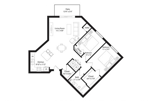 Floor plan for 2 beds, 2 baths, 1108 sqft