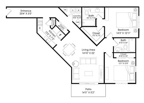 Floor plan for 2 beds, 2 baths, 1308 sqft