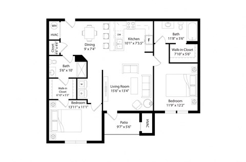 Floor plan for 2 beds, 2 baths, 1101 sqft