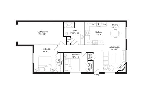 Floor plan for 2 beds, 1 bath, 1012 sqft