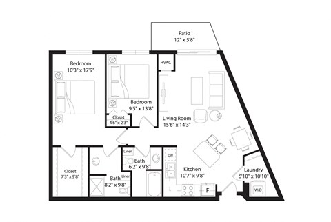 Floor plan for 2 beds, 2 baths, 1120 sqft