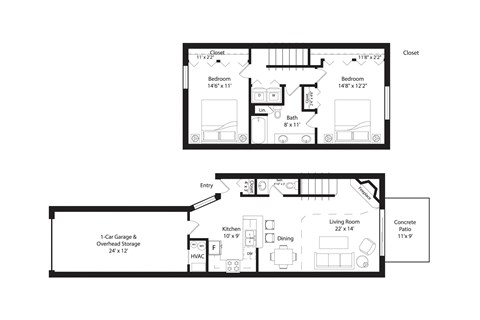 Floor plan for 2 beds, 1.5 baths, 1248 sqft