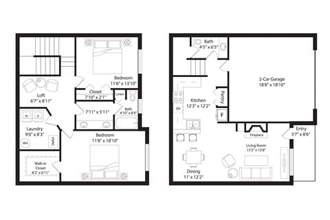 Floor plan for 2 beds, 1.5 baths, 1532 sqft