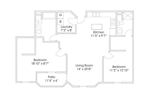 Floor plan for 2 beds, 2 baths, 1098 sqft