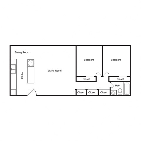 Floor plan for 2 beds, 1 bath, 905 sqft