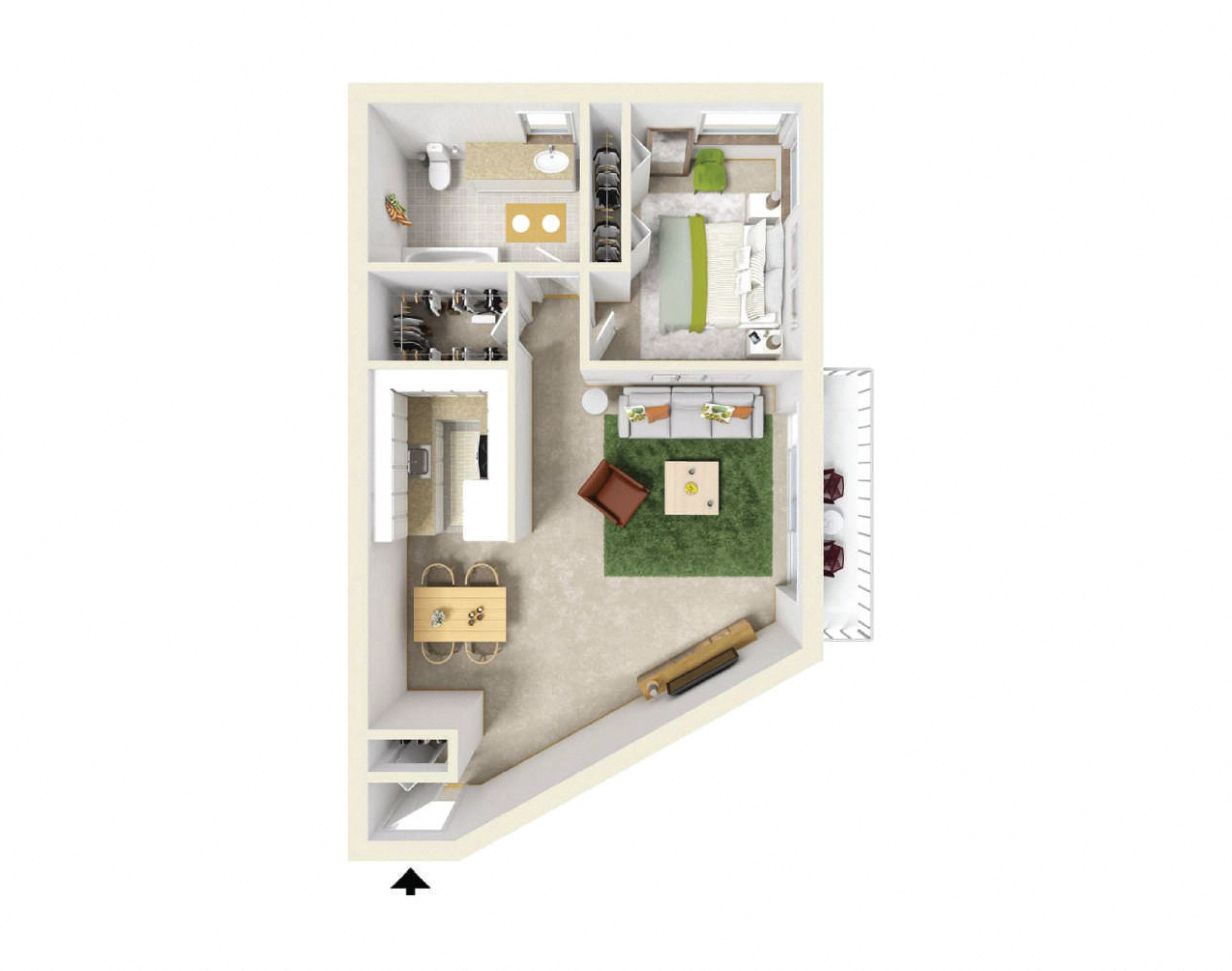 Floor plan for 1 bed, 1 bath, 790 sqft