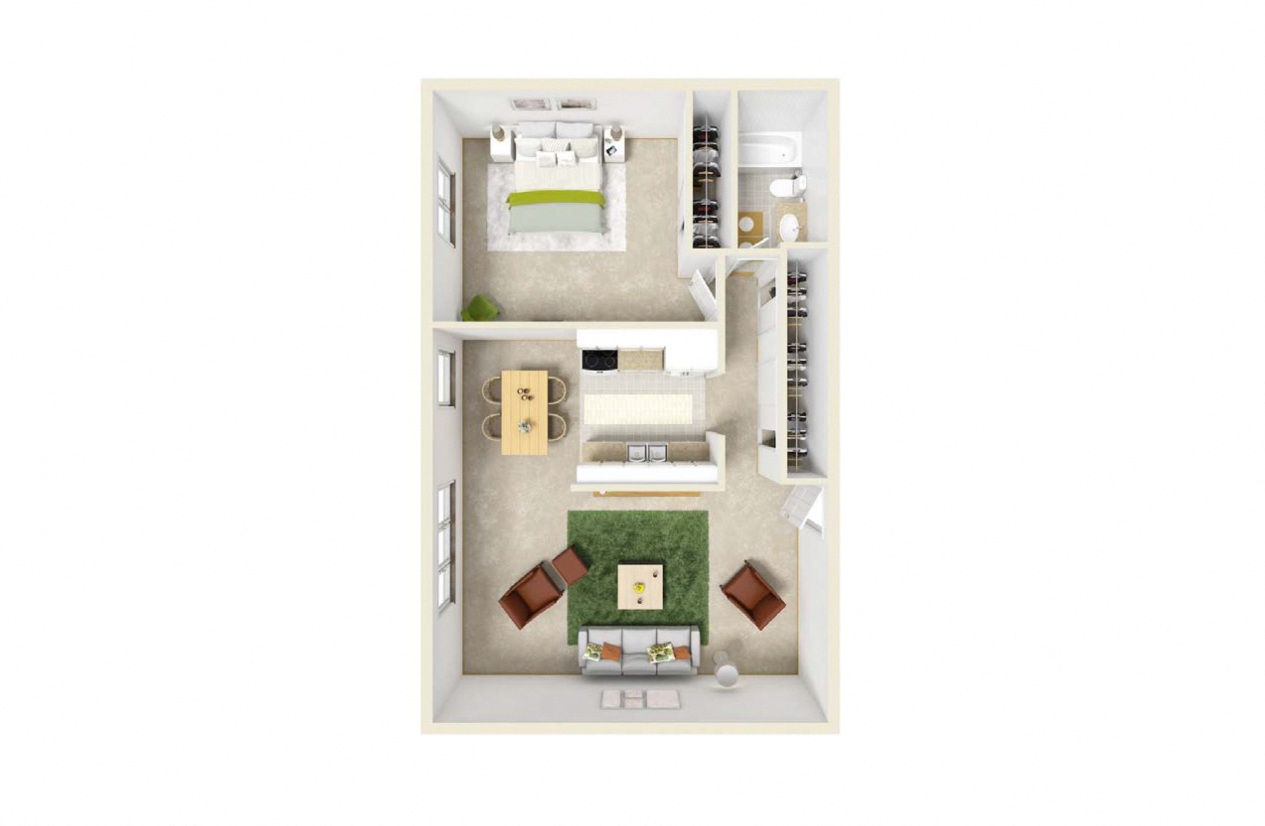 Floor plan for 1 bed, 1 bath, 790 sqft