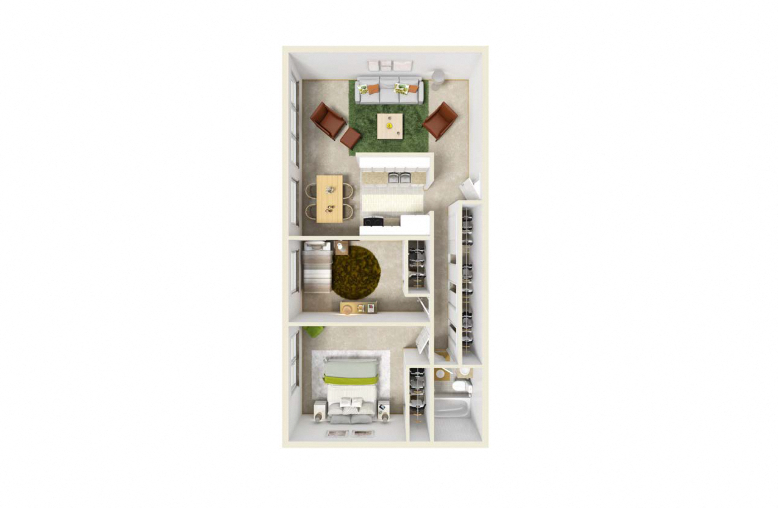 Floor plan for 2 beds, 1 bath, 980 sqft