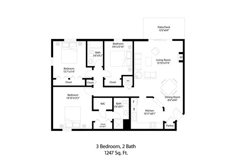 Floor plan for 3 beds, 2 baths, 1247 sqft