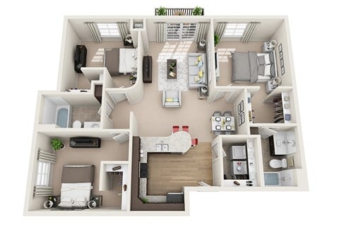 Floor plan for 3 beds, 2 baths, 1281 sqft