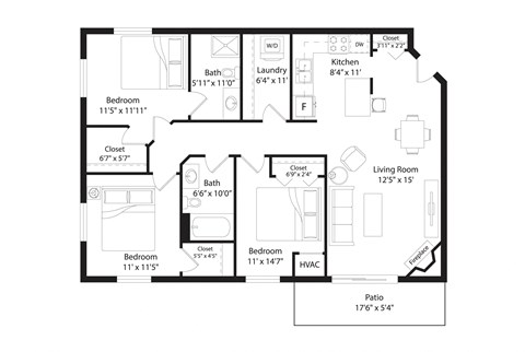 Floor plan for 3 beds, 2 baths, 1320 sqft