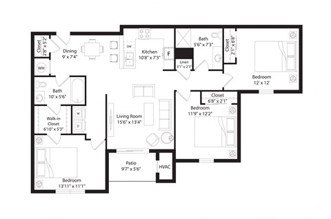 Floor plan for 3 beds, 2 baths, 1256 sqft