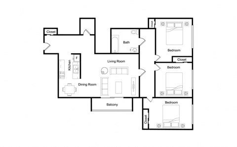 Floor plan for 3 beds, 1 bath, 1150 sqft