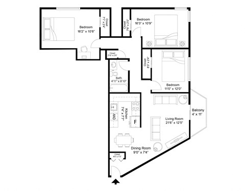 Floor plan for 3 beds, 1 bath, 1400 sqft