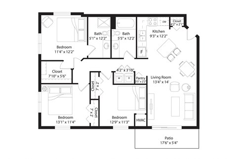 Floor plan for 3 beds, 2 baths, 1341 sqft