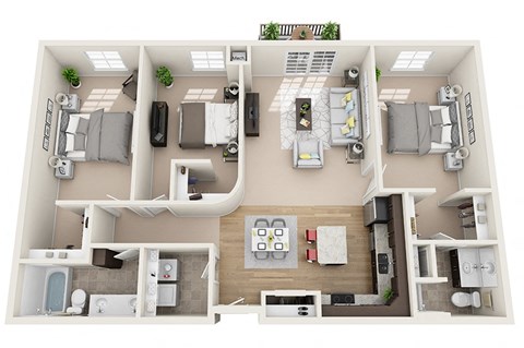 Floor plan for 3 beds, 2 baths, 1410 sqft