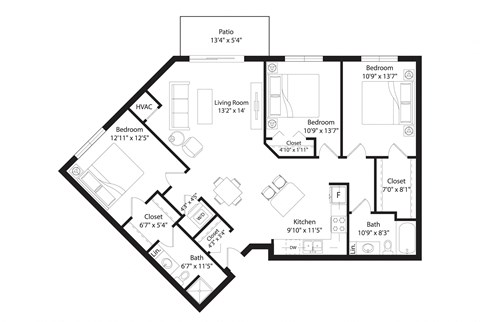 Floor plan for 3 beds, 2 baths, 1345 sqft