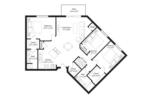 Floor plan for 3 beds, 2 baths, 1451 sqft