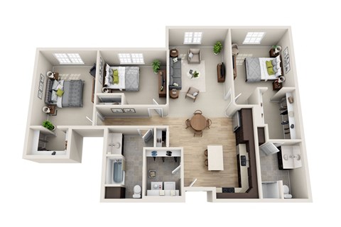 Floor plan for 3 beds, 2 baths, 1516 sqft
