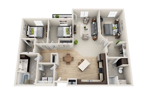 Floor plan for 3 beds, 2 baths, 1522 sqft