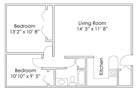 Floor plan for 2 beds, 1 bath, 777 sqft