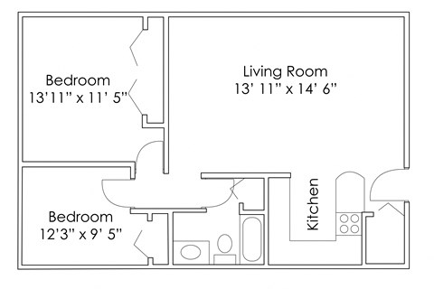 Floor plan for 2 beds, 1 bath, 806 sqft