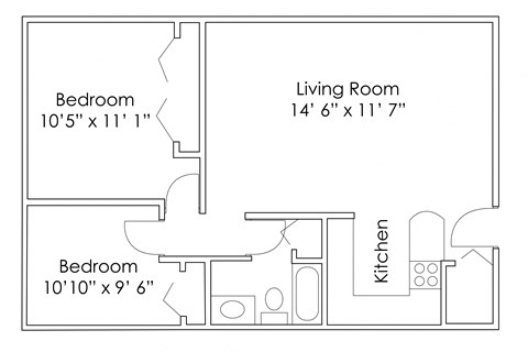 Floor plan for 2 beds, 1 bath, 910 sqft