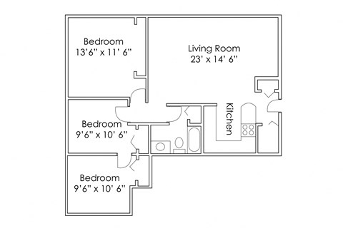 Floor plan for 3 beds, 1 bath, 880 sqft