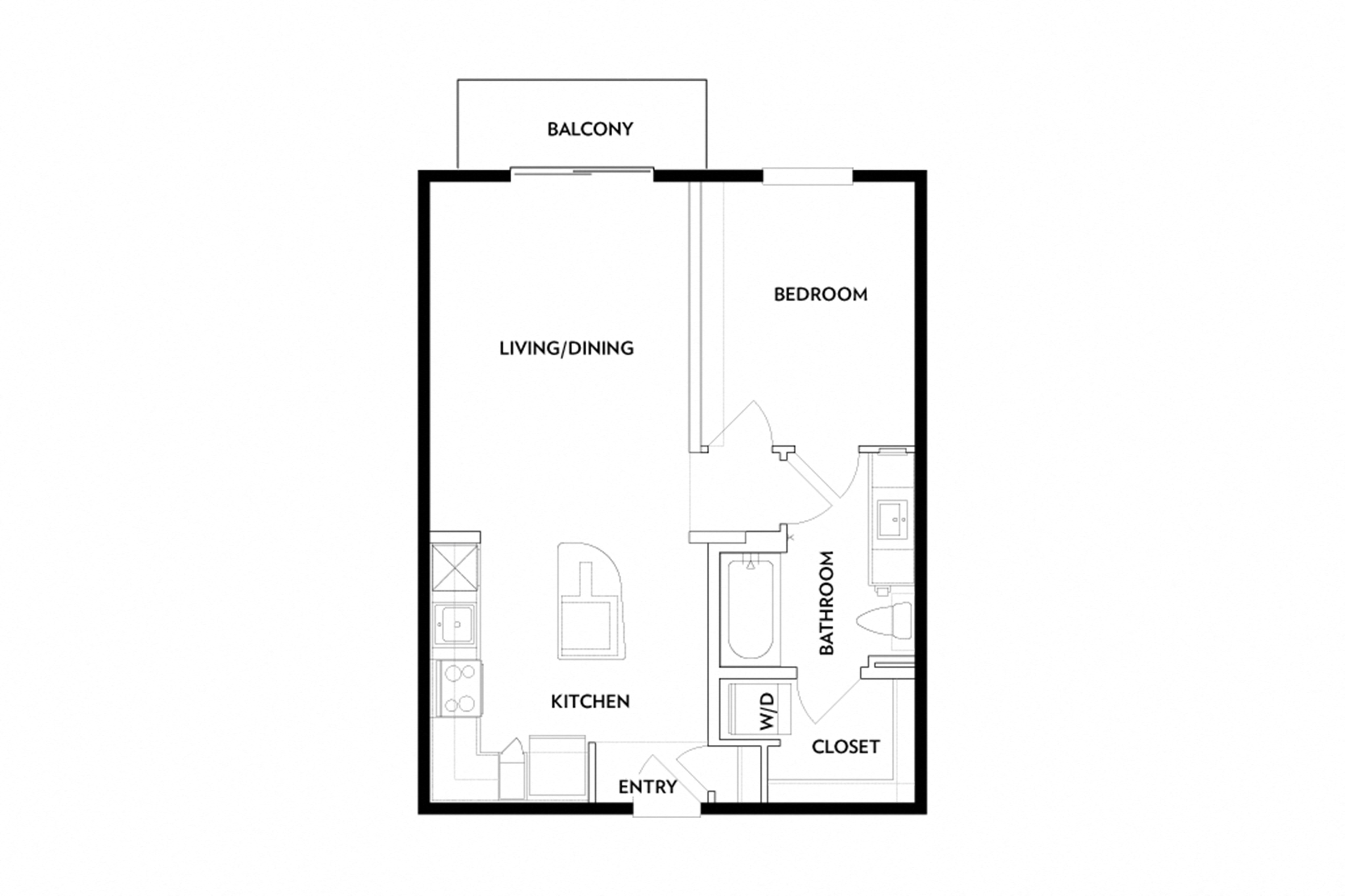 Floor plan for 1 bed, 1 bath, 627 sqft