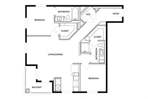 Floor plan for 2 beds, 2 baths, 949 sqft