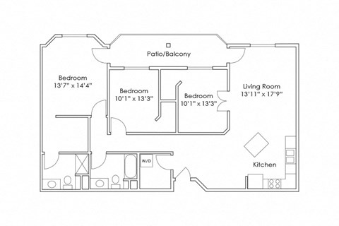 Floor plan for 3 beds, 2 baths, 1396 sqft