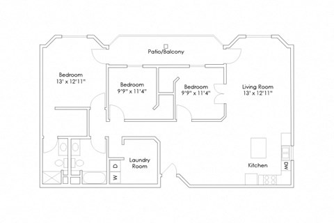 Floor plan for 3 beds, 2 baths, 1396 sqft