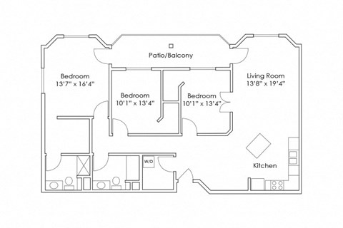 Floor plan for 3 beds, 2 baths, 1414 sqft