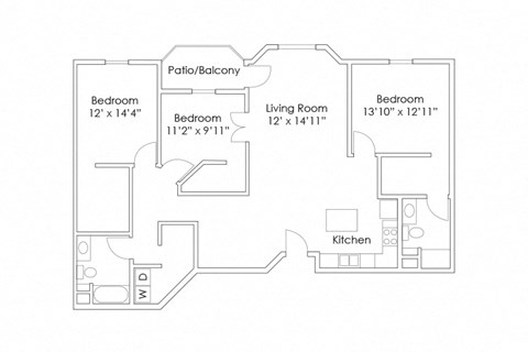 Floor plan for 3 beds, 2 baths, 1497 sqft