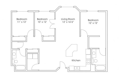 Floor plan for 3 beds, 2 baths, 1331 sqft