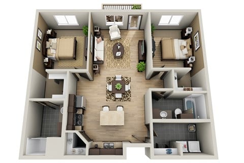 Floor plan for 2 beds, 2 baths, 1067 sqft