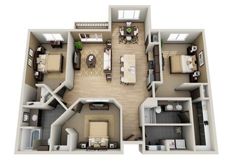Floor plan for 3 beds, 2 baths, 1441 sqft